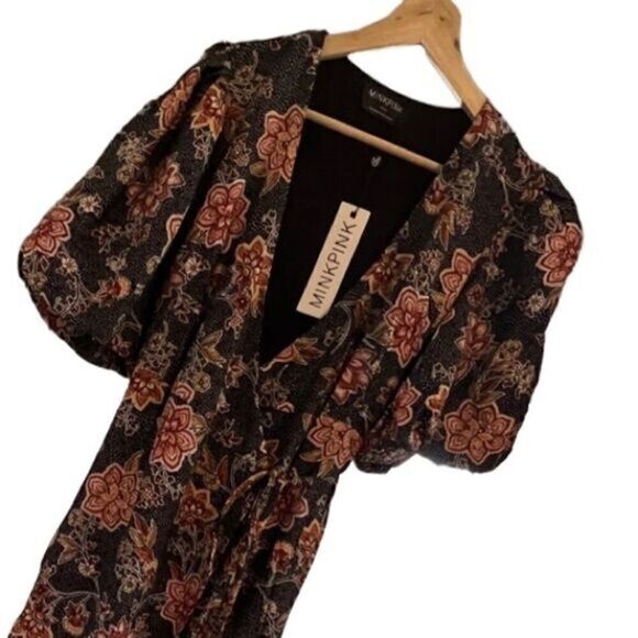 Minkpink Meyhda‎ Floral Puffer Sleeves Wraparound Boho Midi Dress Size Small NWT - Picture 3 of 16